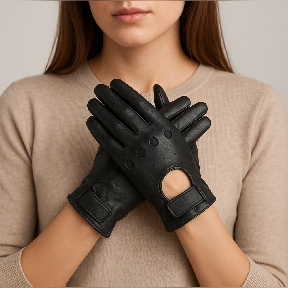 Vintage - Ladies Women's Black Genuine Leather Gloves Size Large Xs Front Strap